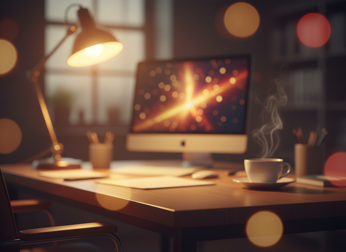 Schreibtisch mit Monitor und Lampe