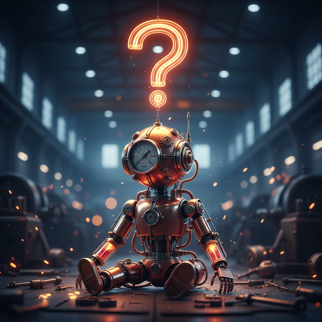 Hydraulikroboter in Kupfer sitzt in Lagerhalle und hat ein leuchtendes Fragezeichen über dem Kopf